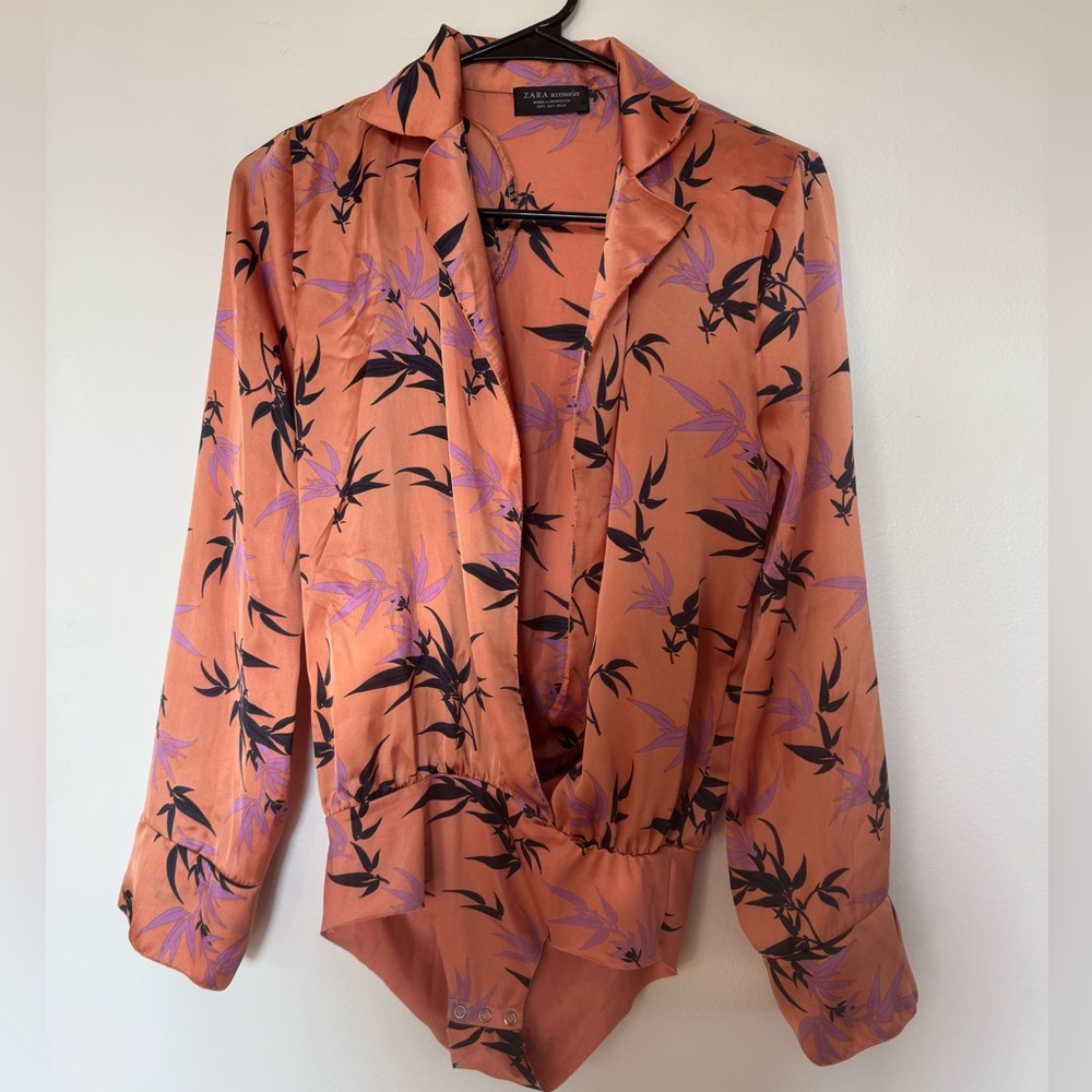 Zara Printed Satin Bodysuit | Floral Bamboo Leaf | Size Small | rare